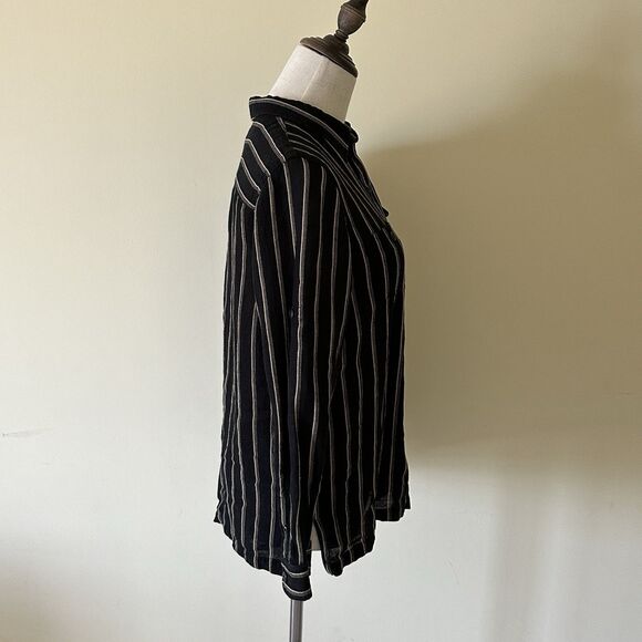 Lauren Ralph Lauren Petite P/L Silk Linen Blouse Black Beige‎ Stripe Button Down - Picture 5 of 10